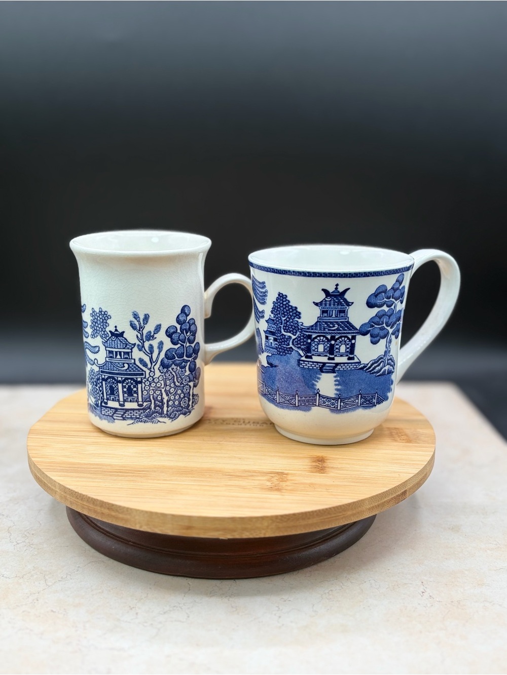 Vintage 1980's Set Of 2 Churchill Blue Willow Mugs  Astro And Cotswald Shaped